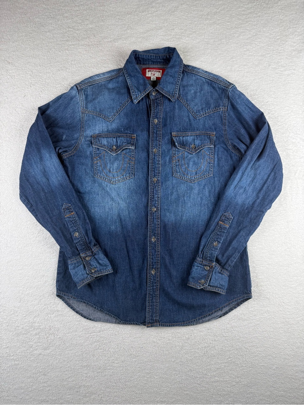 True Religion Shirt Mens Large Blue Denim Jean Western Button Up Long Sleeve